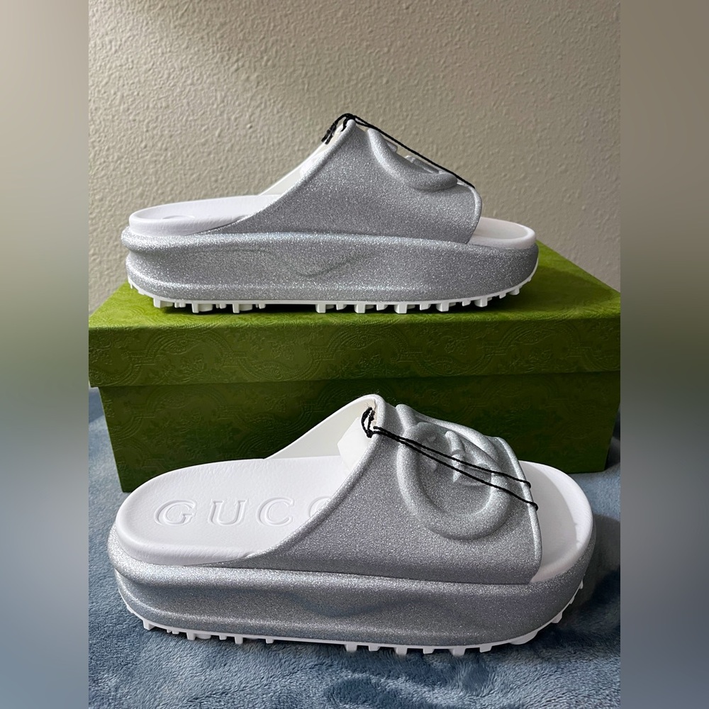 Gucci Silver and White Platform Slides